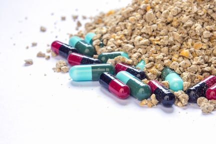 Stock image of animal feed and pill capsules, antibiotics in livestock feed concept.